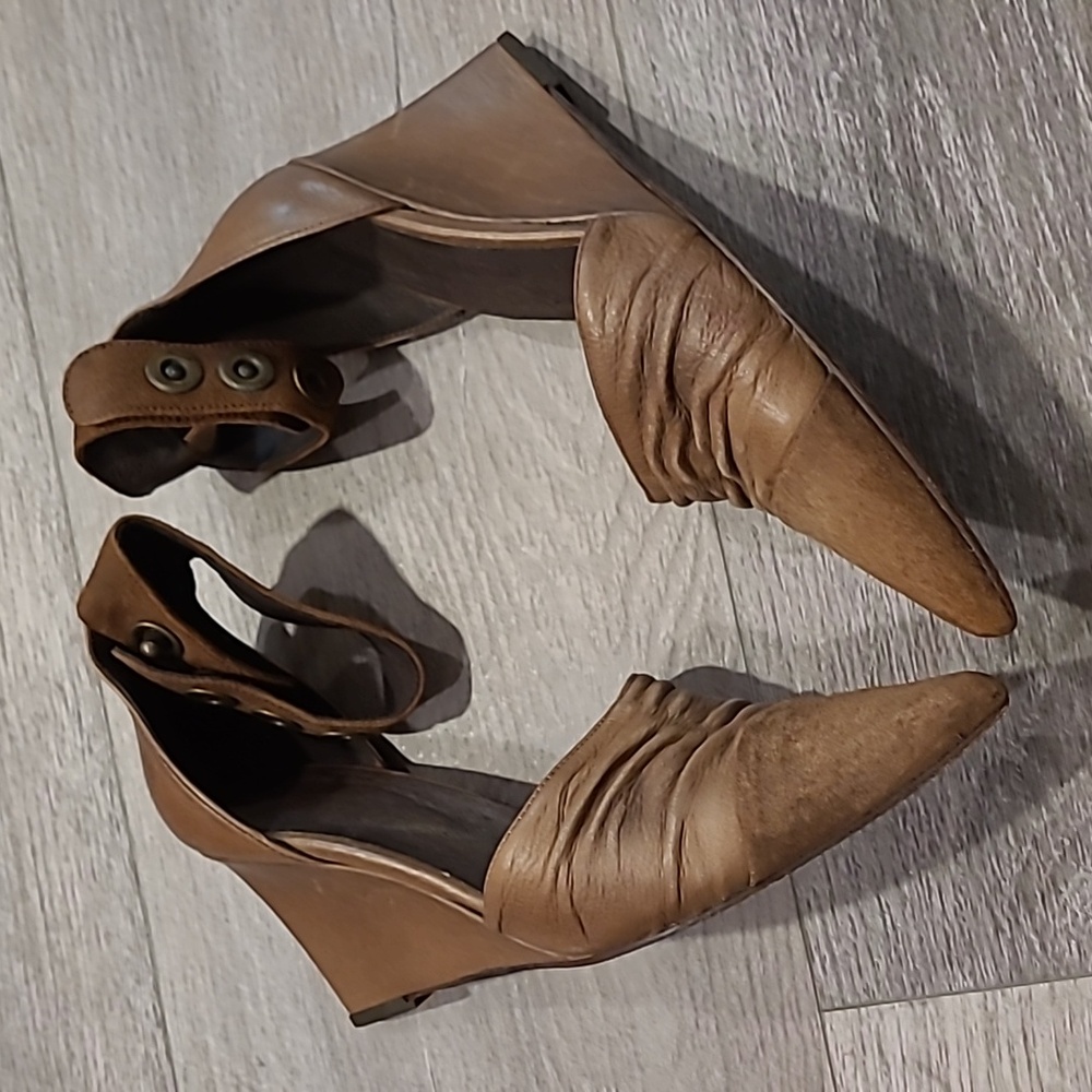 Free People Wedge Shadow Brown Heel Leather Tan 9 Vintage - Picture 4 of 8